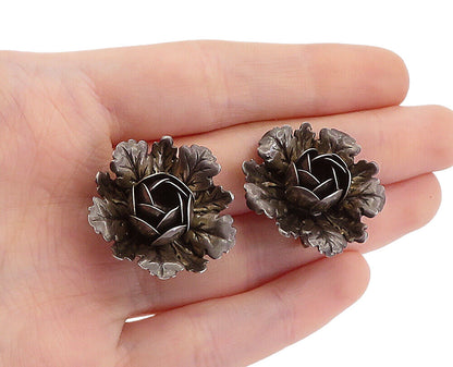 925 Sterling Silver  Vintage Oxidized Flower Motif Non Pierce Earrings  EG2642