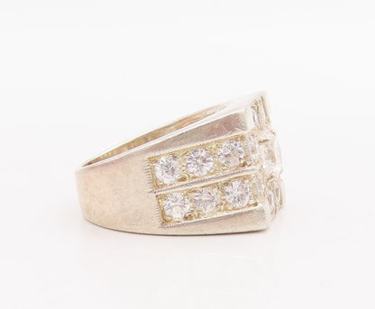 925 Sterling Silver Vintage Ring Large Solid Round CZ Inlay  Sz 8.5  RG28876
