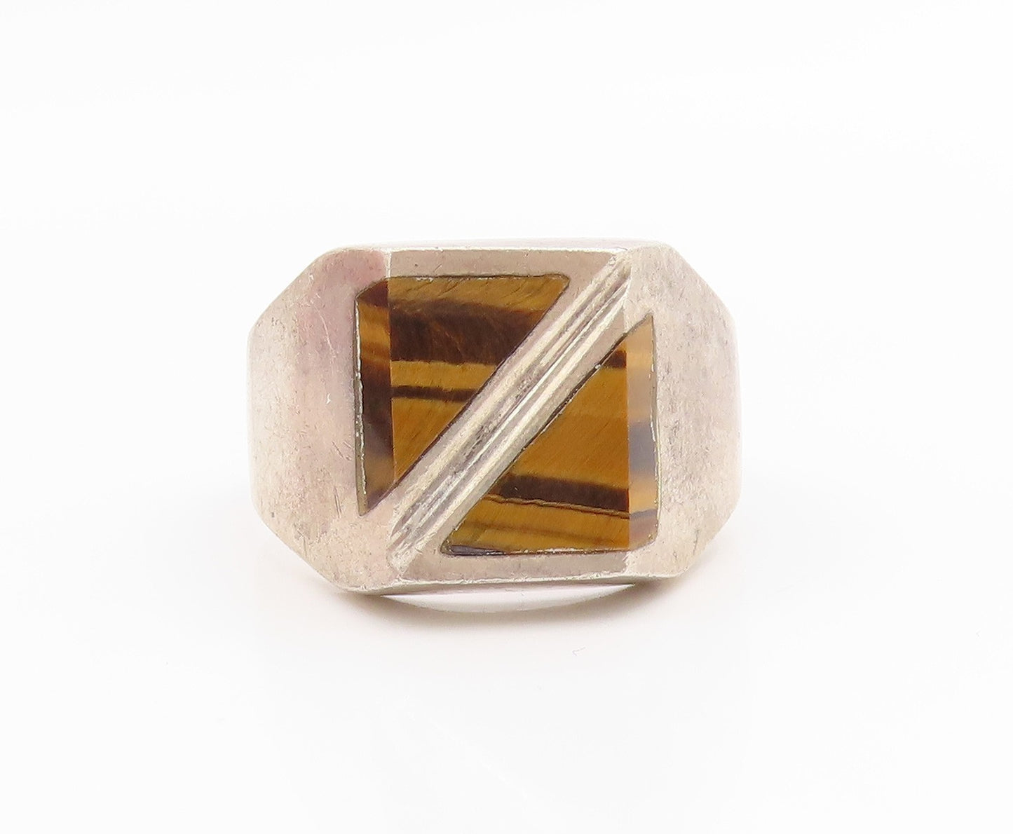 925 Sterling Silver Vintage Ring MEXICO Tiger's Eye Solid Band  Sz 13.5  RG35784