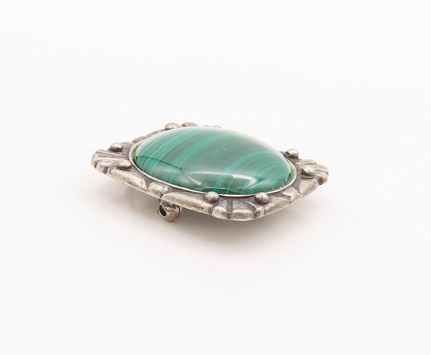 925 Sterling Silver Vintage Brooch Pin Round Malachite Carved Frame  BP10862
