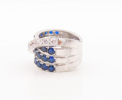 925 Sterling Silver Vintage Ring Designer Sapphire & CZ Bands  Sz 7  RG29464