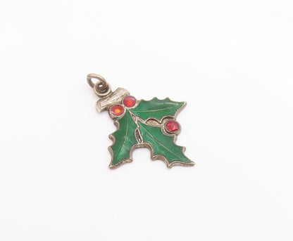 925 Sterling Silver  Vintage Enamel Hollow Christmas Plant Pendant  PT18461
