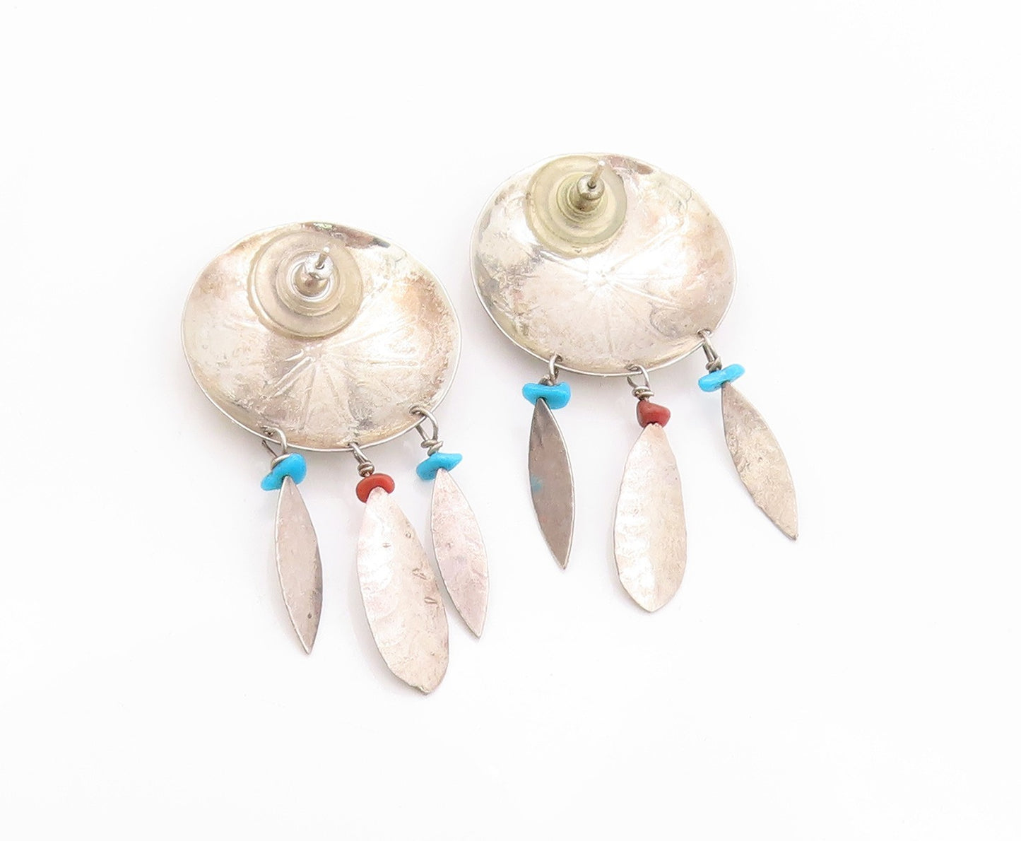 925 Sterling Silver Vintage Earrings SOUTHWESTERN Turquoise Feathers EG13530