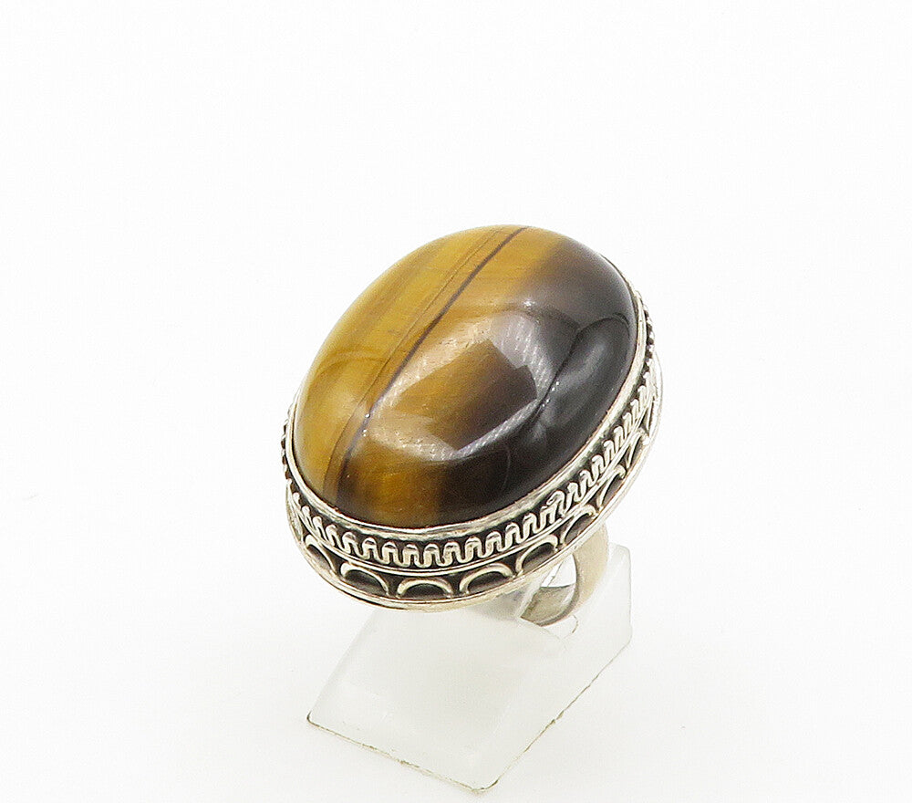 925 Silver  Vintage Cabochon Tiger's Eye Swirl Cocktail Ring Sz 7.5  RG16398