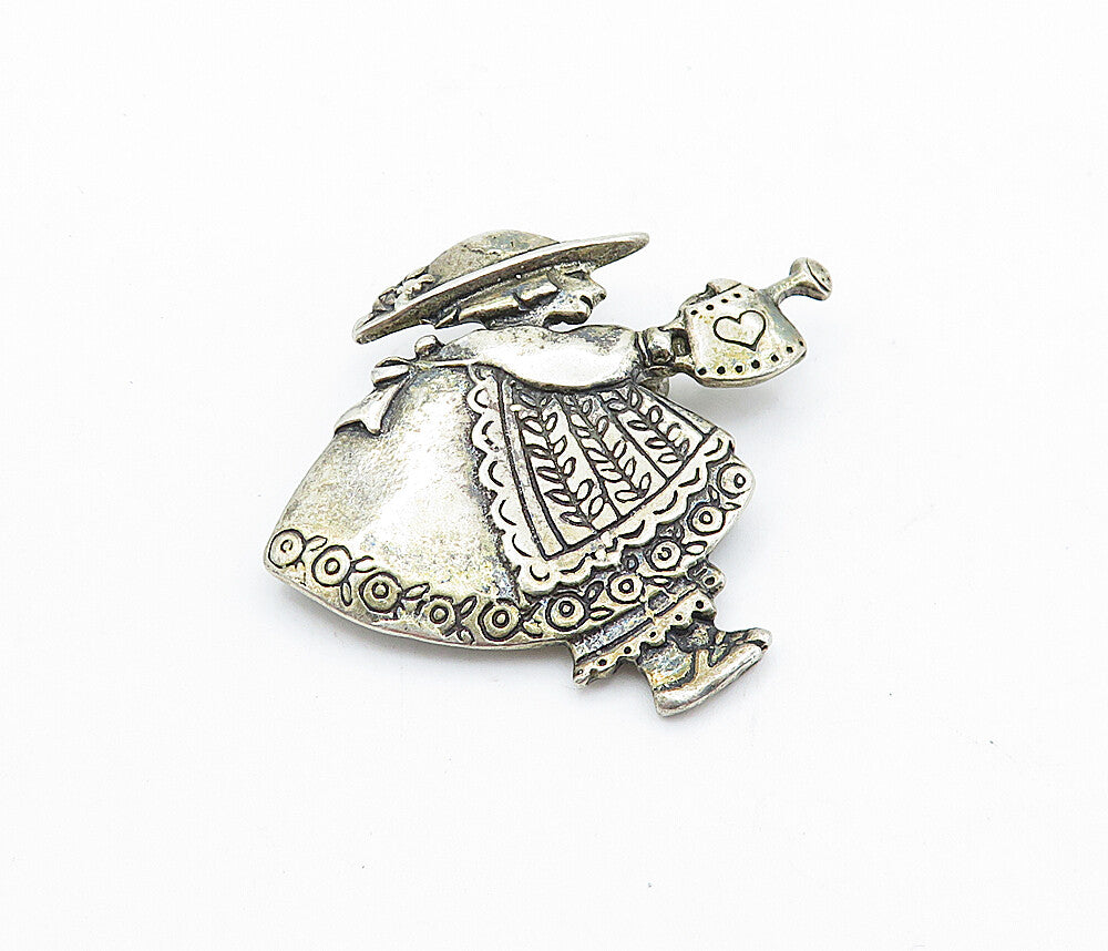 925 Sterling Silver  Vintage Antique Girl With Watering Can Brooch Pin  BP2560