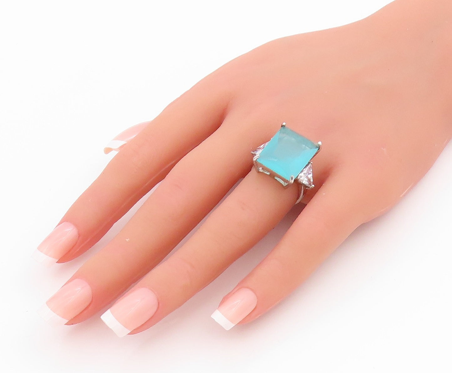 925 Sterling Silver Vintage Ring Rectangle Triangle Cut  2 Tone CZ Sz 6  RG33220