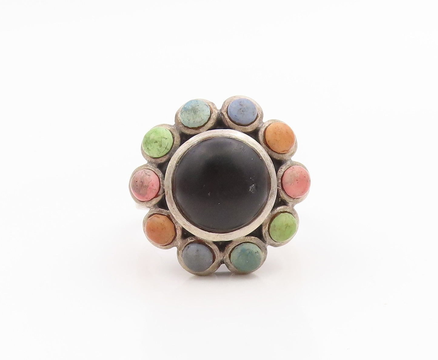 925 Sterling Silver Vintage Ring Onyx & Gemstone Flower Band  Sz 7.5  RG35741