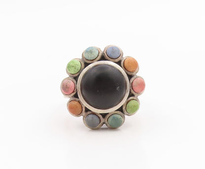 925 Sterling Silver Vintage Ring Onyx & Gemstone Flower Band  Sz 7.5  RG35741