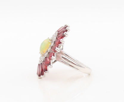 925 Sterling Silver Vintage Ring Fire Opal Garnet & Topaz Flower  Sz 7  RG30500
