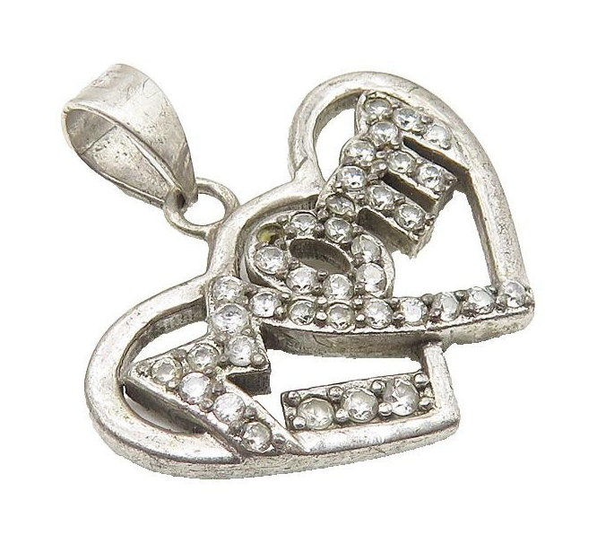 925 Sterling Silver  Vintage Topaz Mom Double Love Heart Drop Pendant  PT8314