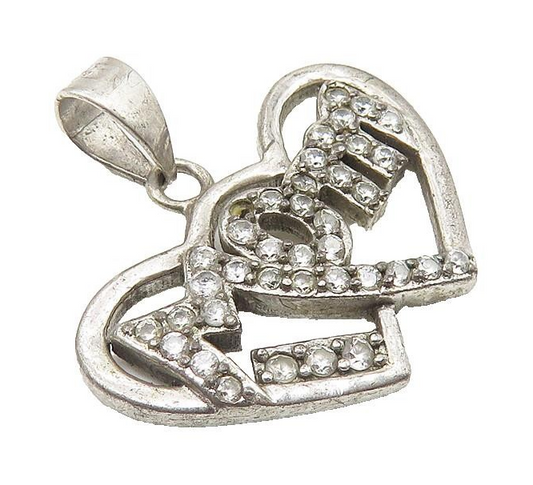 925 Sterling Silver  Vintage Topaz Mom Double Love Heart Drop Pendant  PT8314
