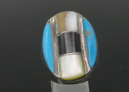 ZUNI NAVAJO 925 Silver  Vintage Heavy Multi Stone Band Ring Sz 11  RG22545