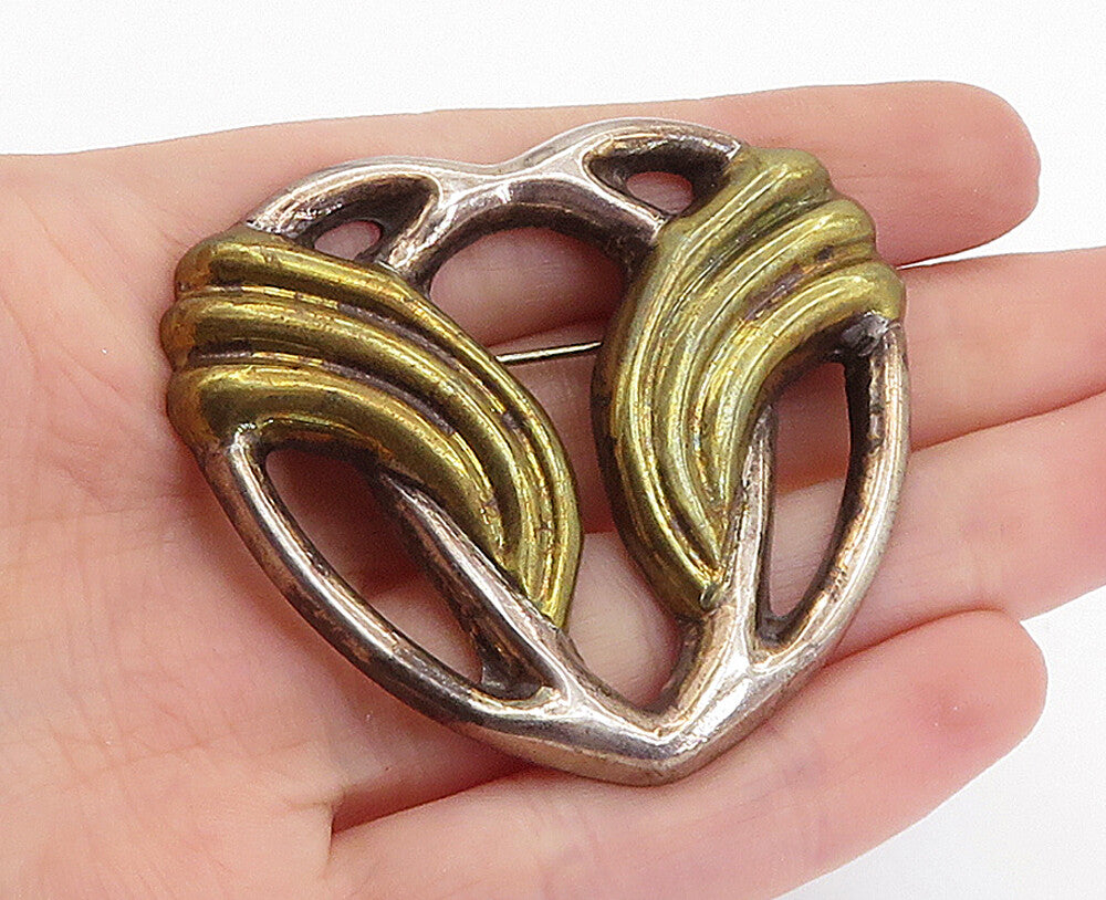MEXICO 925 Sterling Silver Vintage Two Tone Heart Design Brooch Pin BP2498