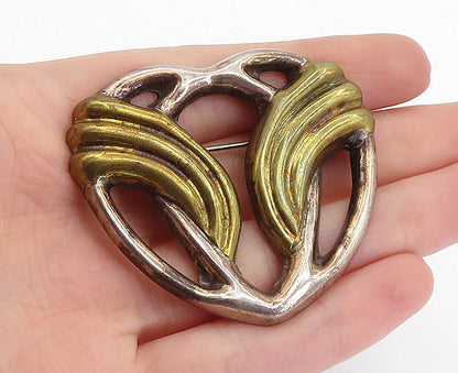 MEXICO 925 Sterling Silver Vintage Two Tone Heart Design Brooch Pin BP2498