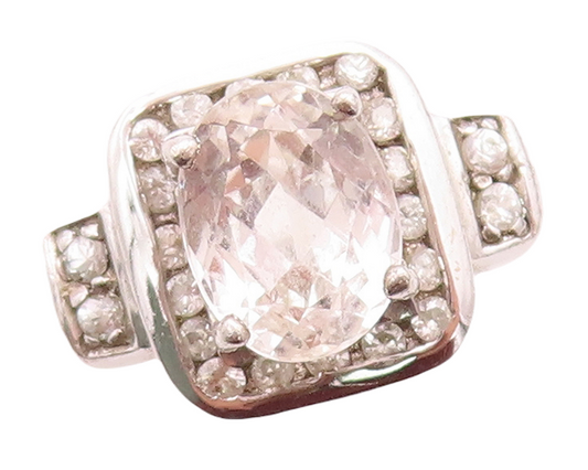 925 Sterling Silver Vintage Ring Oval Cut Halo Topaz Square Inlay  Sz 7  RG31620