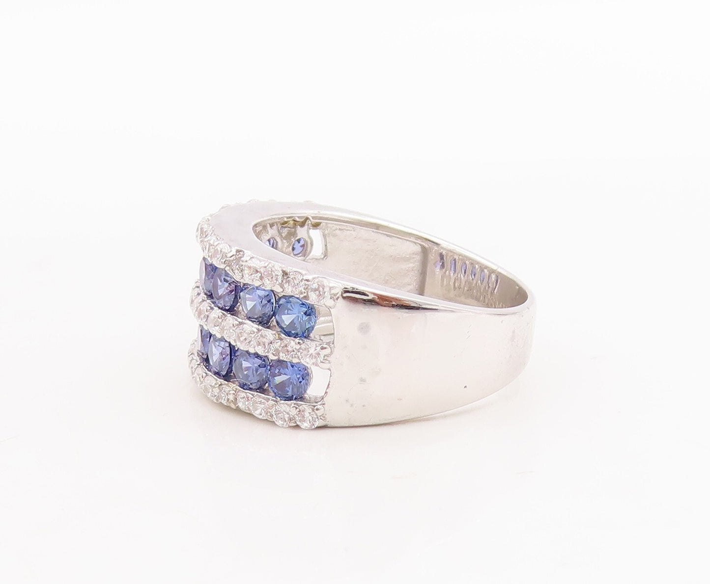 925 Sterling Silver Vintage Ring Round Cut Blue & White CZ Bands  Sz 7  RG29411