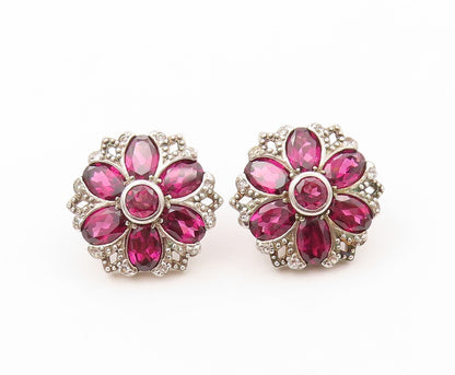 925 Sterling Silver Vintage Earrings Oval Cut Amethyst & CZ Flower EG13392