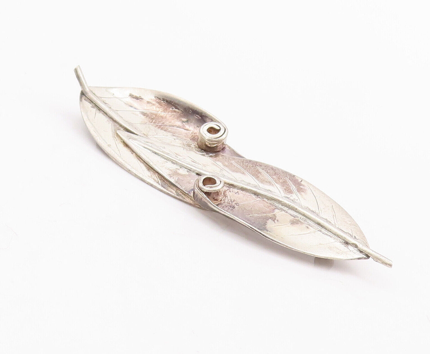 925 Sterling Silver Vintage Brooch Pin Solid Carved Overlapping Leaves  BP10947