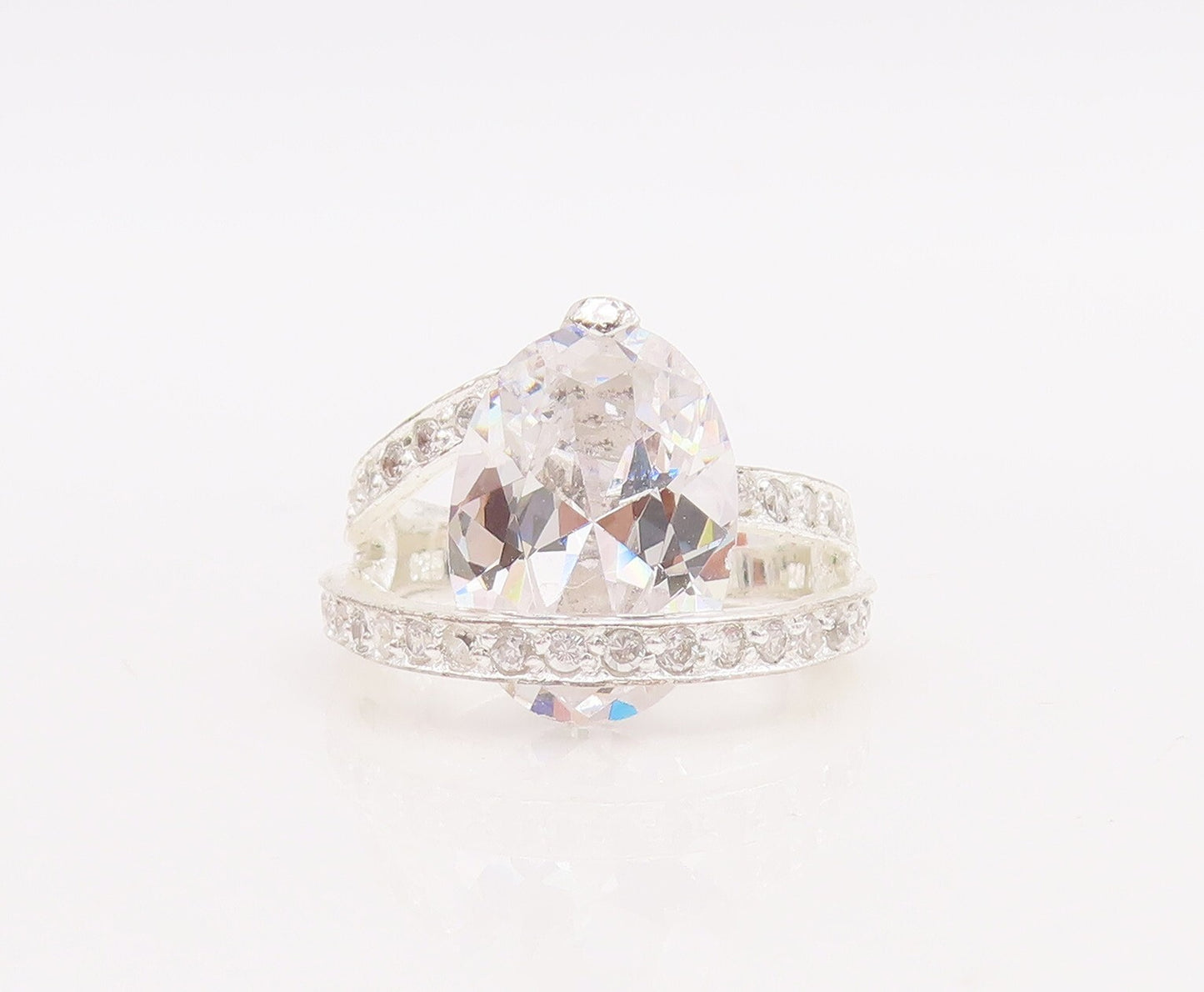 925 Sterling Silver Vintage Ring Designer Drop & Round Cut CZ  Sz 6  RG28867