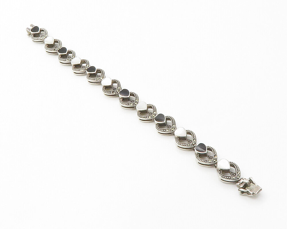 925 Silver  Vintage Mother Of Pearl & Black Onyx Heart Chain Bracelet  BT5754