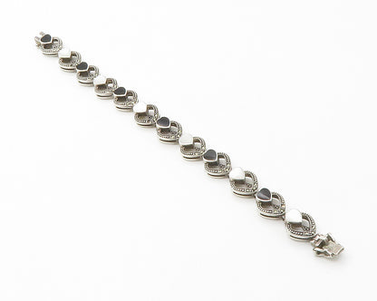 925 Silver  Vintage Mother Of Pearl & Black Onyx Heart Chain Bracelet  BT5754