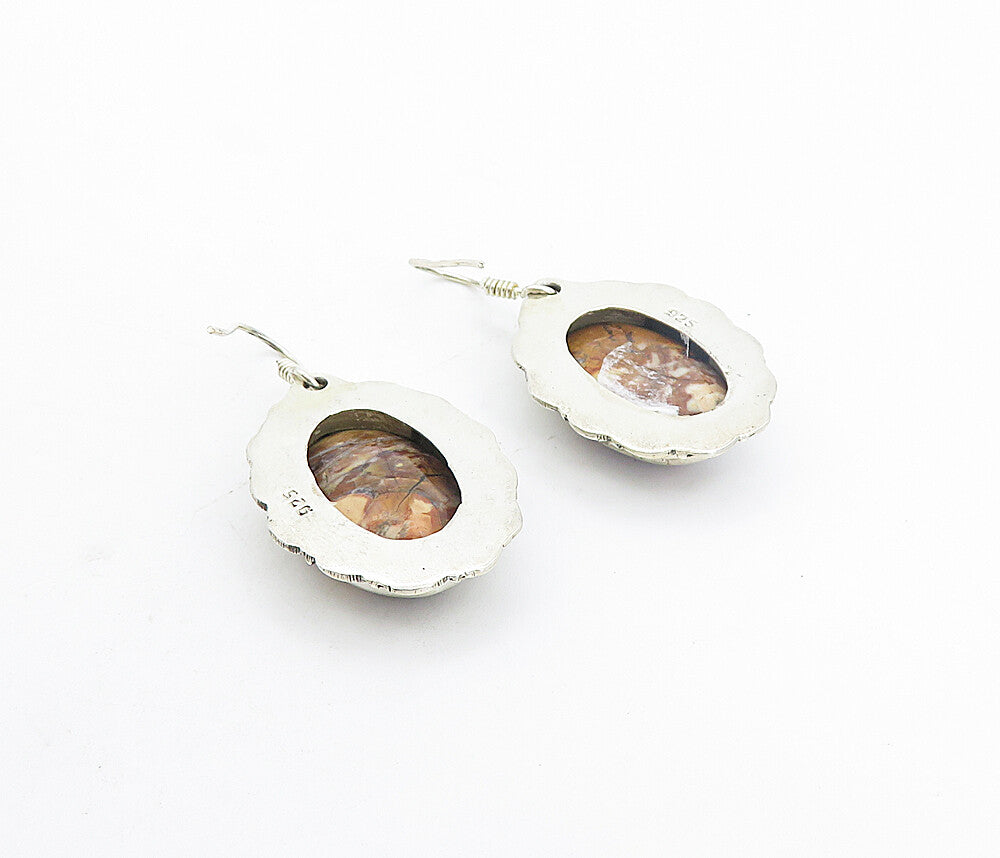 925 Sterling Silver  Vintage Cabochon Cut Brown Jasper Dangle Earrings  EG3724