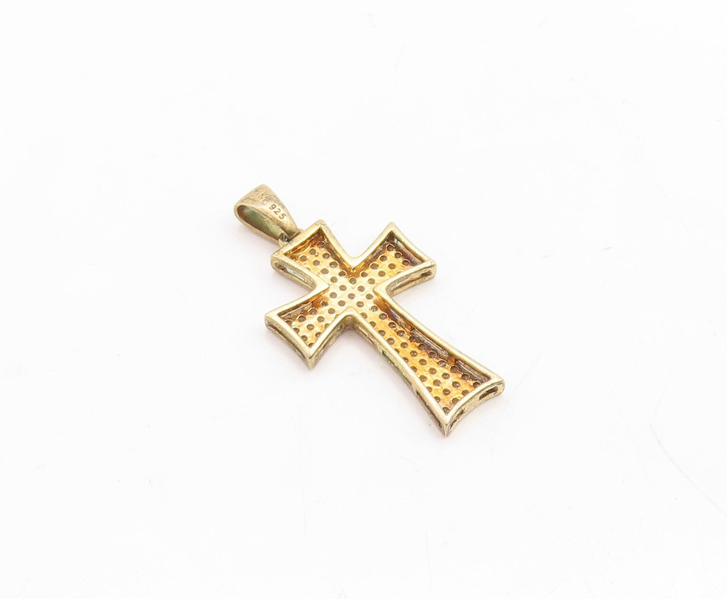 925 Sterling Silver Vintage Pendant Gold Plated CZ Inlay Cutout Cross  PT23696