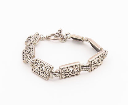925 Sterling Silver  Vintage Rectangular Scroll Pattern Chain Bracelet  BT9409