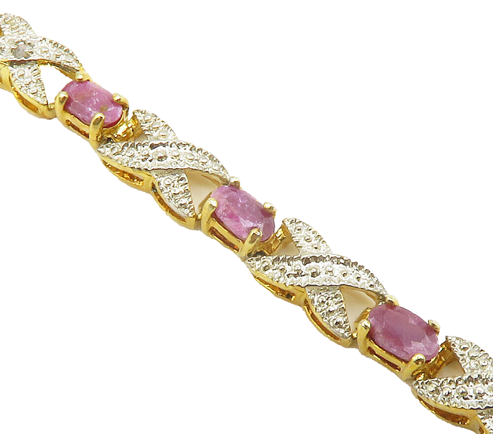 925 Sterling Silver  Genuine Diamonds & Ruby Shiny Chain Bracelet  BT5871