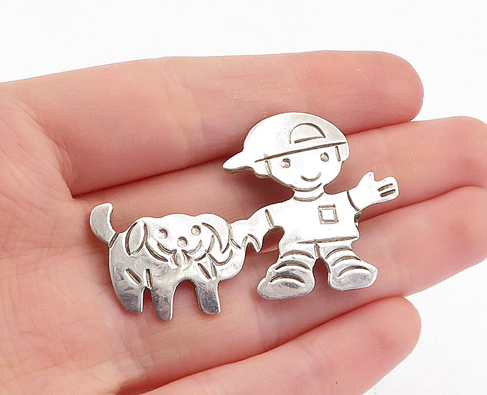MEXICO 925 Sterling Silver  Vintage Little Boy & Pet Dog Brooch Pin  BP2163
