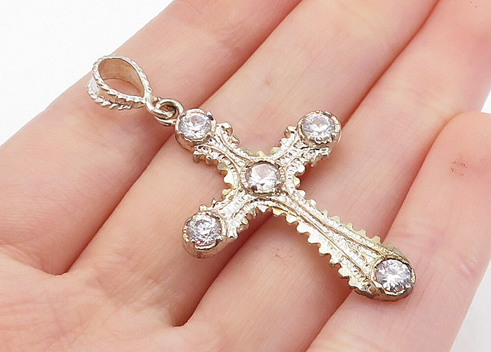 925 Sterling Silver Vintage Cubic Zirconia Religious Cross Pendant PT5199