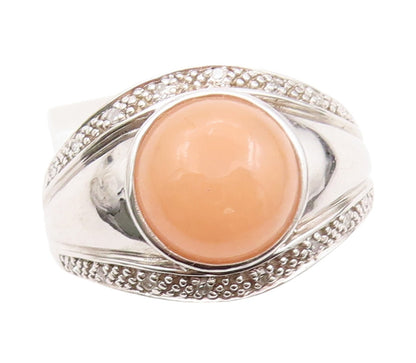 925 Sterling Silver Vintage Ring Diamonds & Orange Cabochon Jade  SZ 8  RG32143