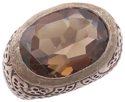 925 Sterling Silver Vintage Ring Beaded Carved Oval Smoky Quartz  Sz 8  RG29198