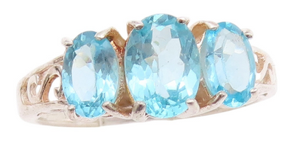 925 Sterling Silver Vintage Ring Oval Cut 3 Blue Topaz Swirls Cut  SZ 6  RG32163