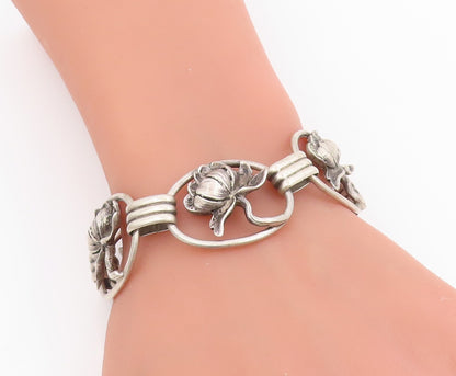 925 Sterling Silver Vintage Bracelet Carved Lotus Botanical Floral Link  BT11669