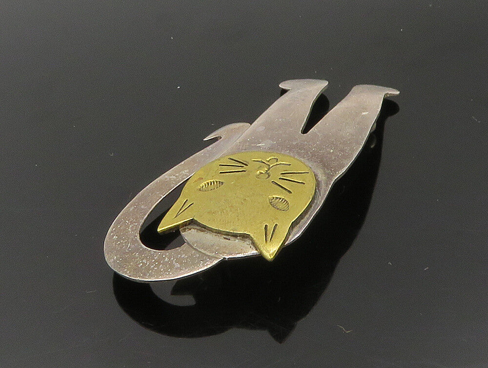 925 Sterling Silver  Vintage Two Tone Shiny Cat Motif Brooch Pin  BP9350