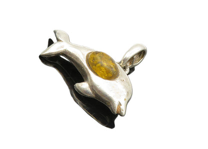 925 Sterling Silver  Vintage Cabochon Cut Amber Dolphin Motif Pendant  PT7721