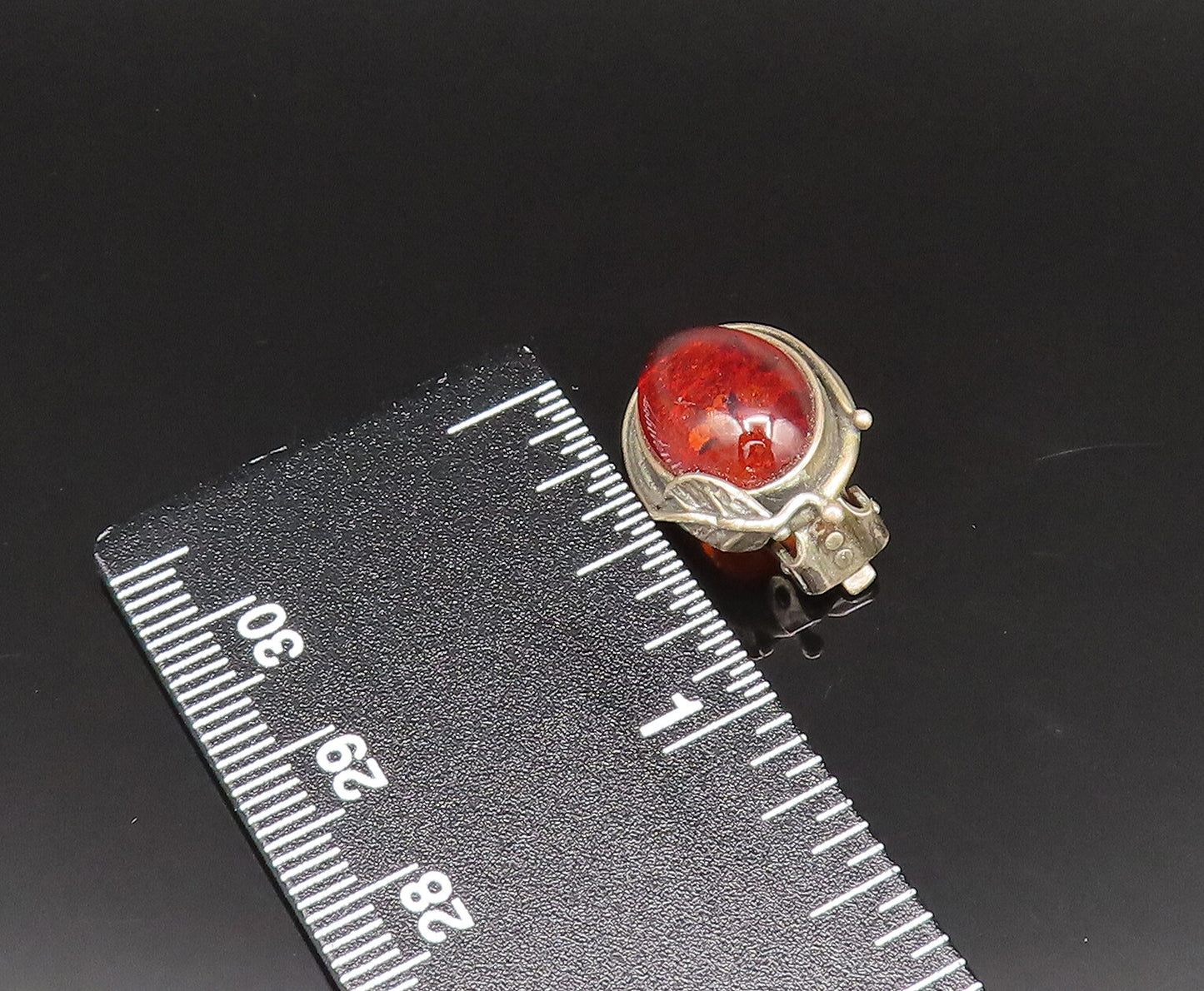 POLAND 925 Silver  Vintage Leaf Wrapped Amber Non Pierced Earrings  EG11757