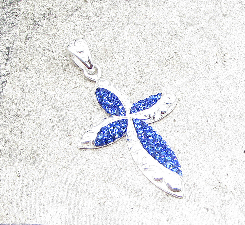 925 Sterling Silver  Blue Crystals Filigree Religious Cross Drop Pendant PT1429