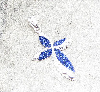 925 Sterling Silver  Blue Crystals Filigree Religious Cross Drop Pendant PT1429