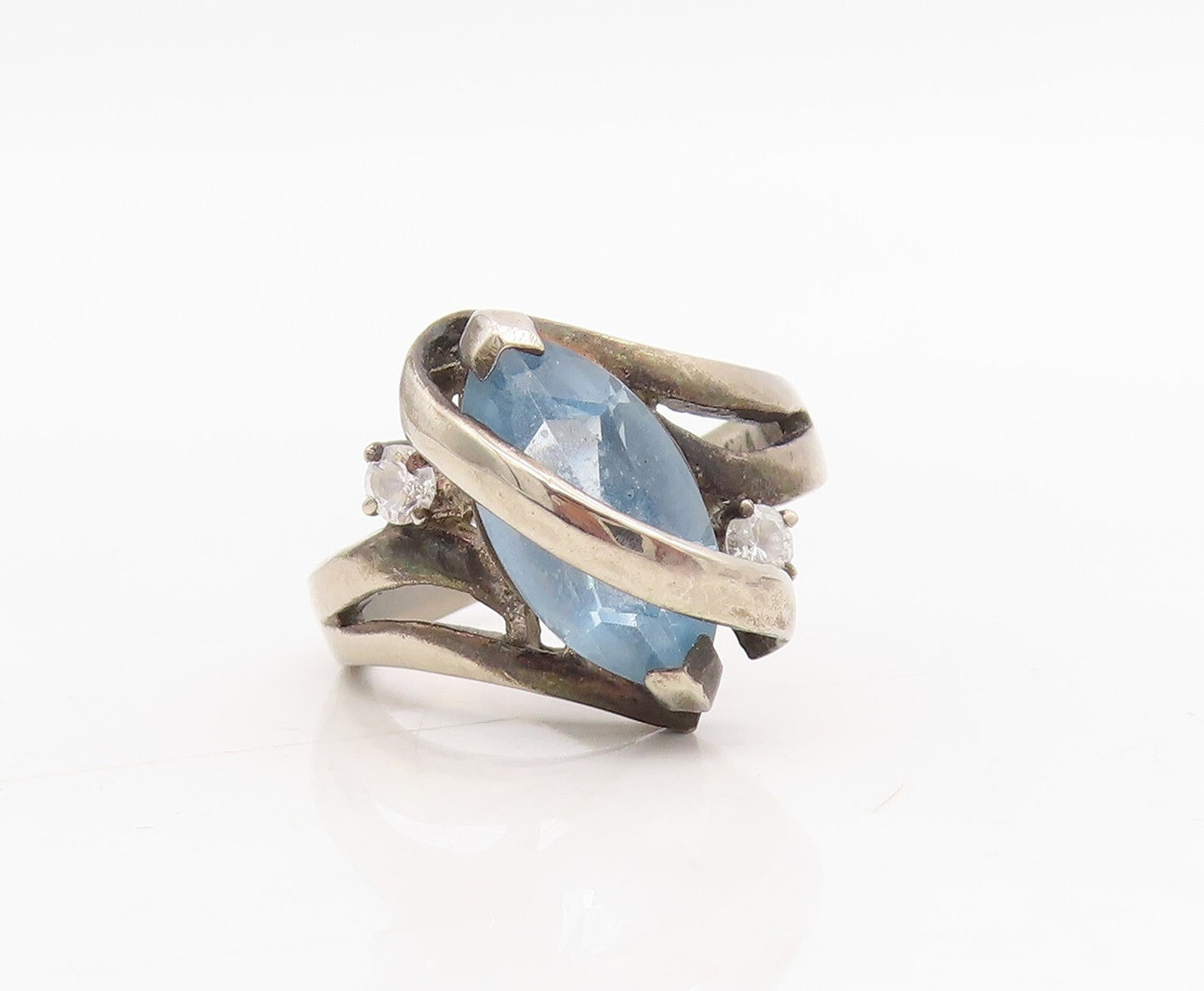 925 Sterling Silver Vintage Ring  Designer Cut 2 Tone Topaz  Sz 6  RG31722