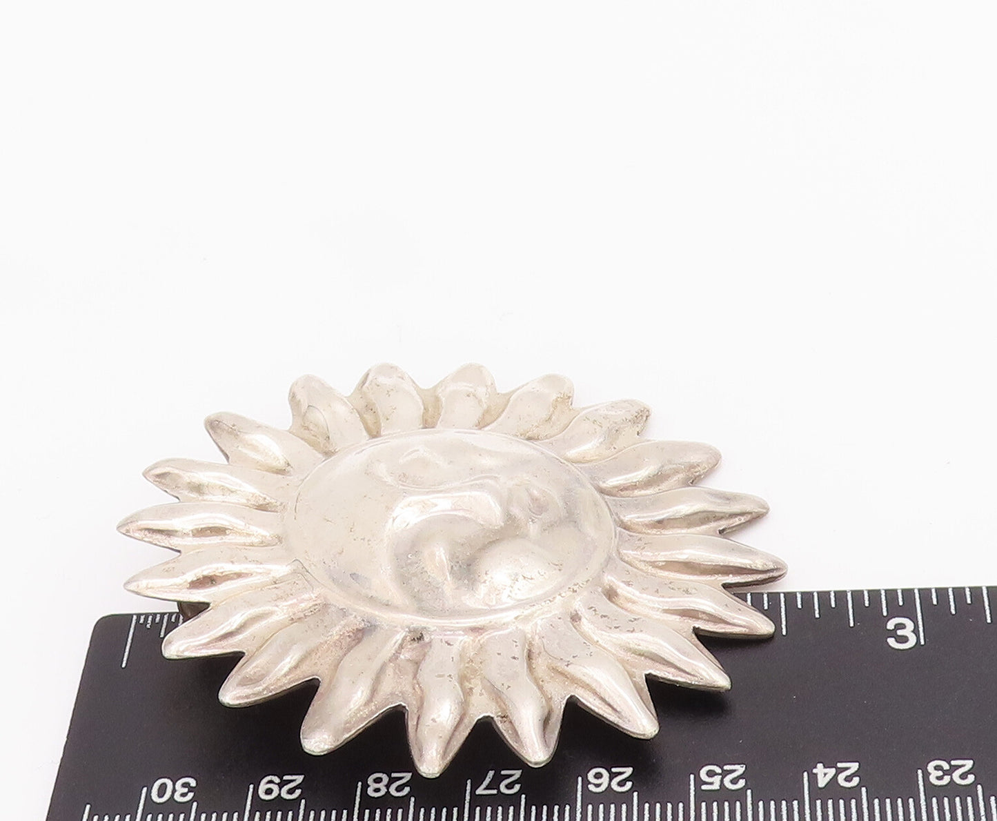 925 Sterling Silver Vintage Brooch Pin MEXICO Solid Carved Smiling Sun  BP11012