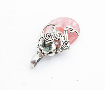 925 Sterling Silver  Vintage Pink Rutilated Quartz Spiral Swirl Pendant PT5192