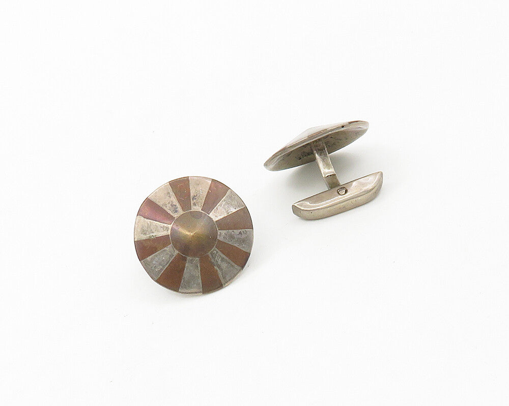 925 Sterling Silver  Vintage Two Tone Floral Pattern Round Cuff Links  TR2396