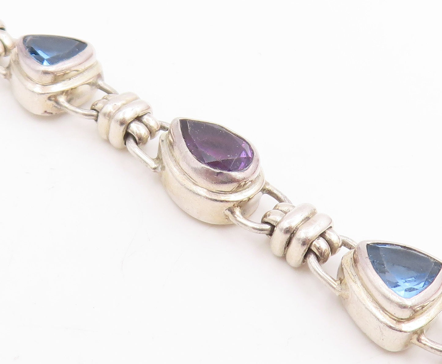 925 Sterling Silver Vintage Bracelet Amethyst & Blue Topaz Link Chain  BT11465
