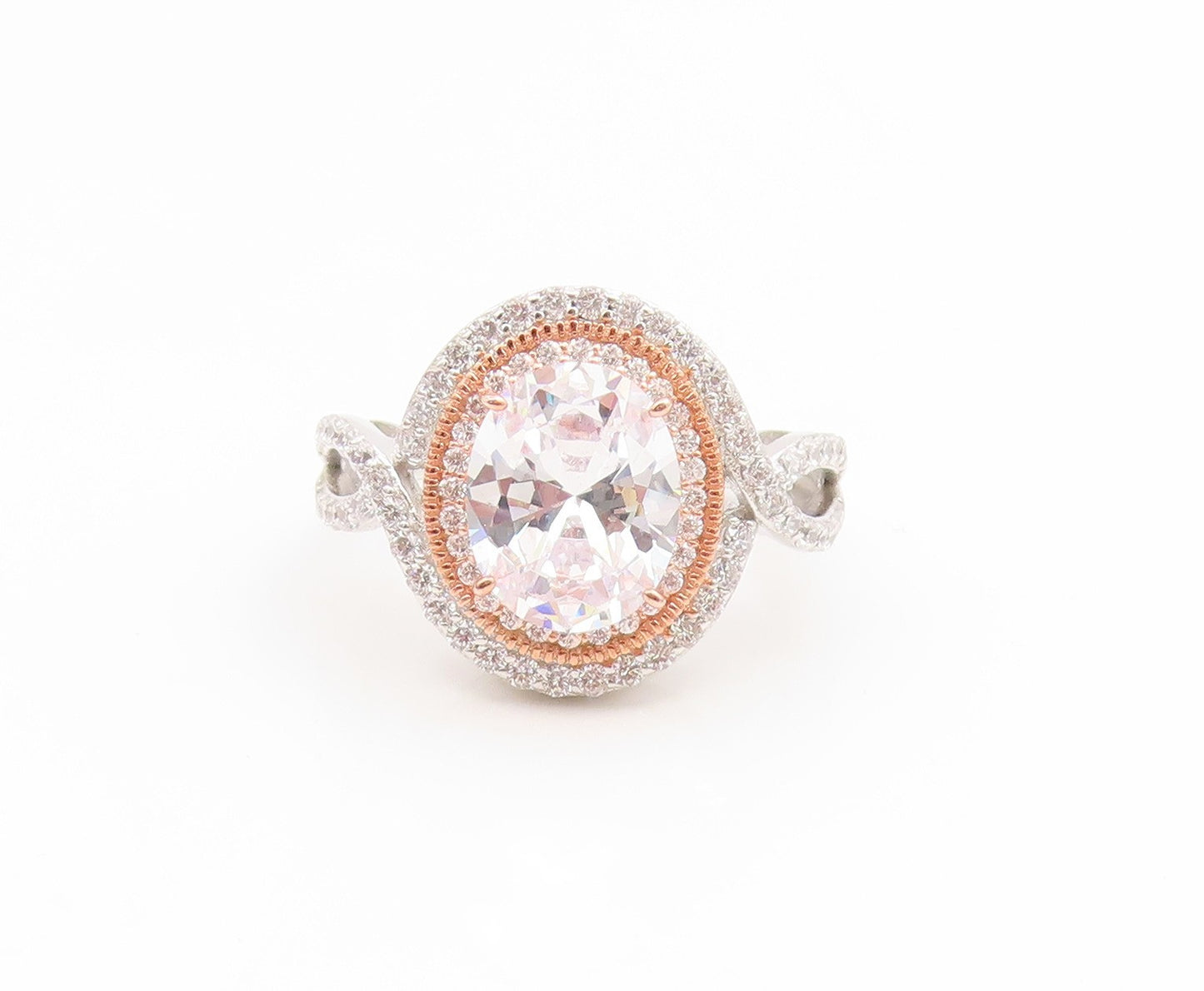 925 Sterling Silver Vintage Ring CZ Two Tone Halo Statement Band  Sz 7  RG35232