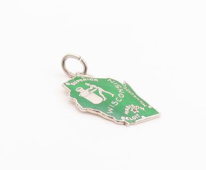 925 Sterling Silver Vintage Pendant Enameled Wisconsin State Map Charm  PT24884