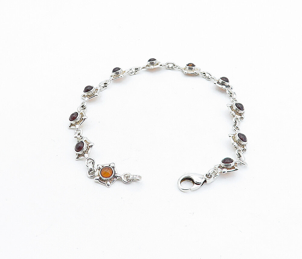 925 Sterling Silver Petite Cabochon Cut Amber Shiny Chain Bracelet BT2162