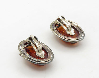 925 Sterling Silver  Vintage Cabochon Cut Amber Non Pierce Earrings  EG8274