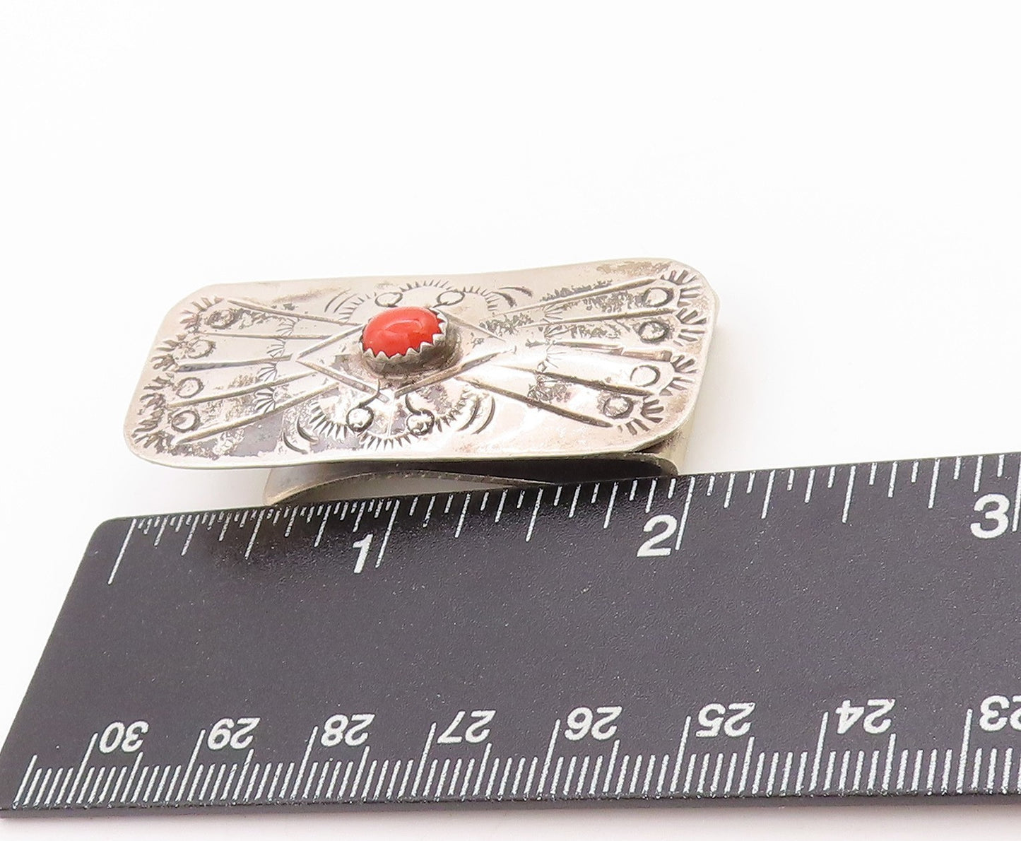 925 Sterling Silver Vintage Money Clip NAVAJO Zuni Carnelian Etched Pin  TR3959